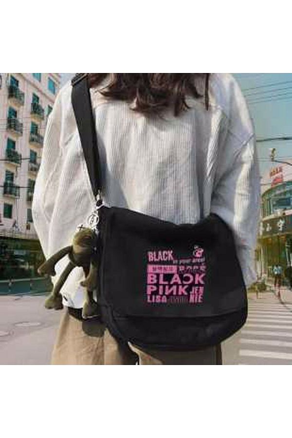 Uniquerrs Unisex Kpop Street Style Black Pink Printed Messenger Bag School Bag Trendyol