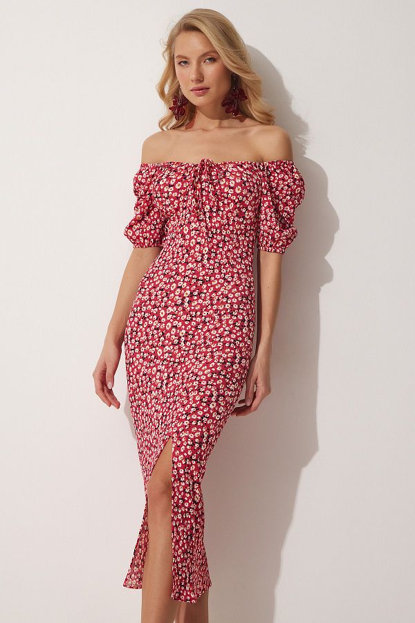 Happiness İstanbul-Dunkelrosa Damen-Sommerstrickkleid mit Carmenkragen und Schlitz FF00113 1
