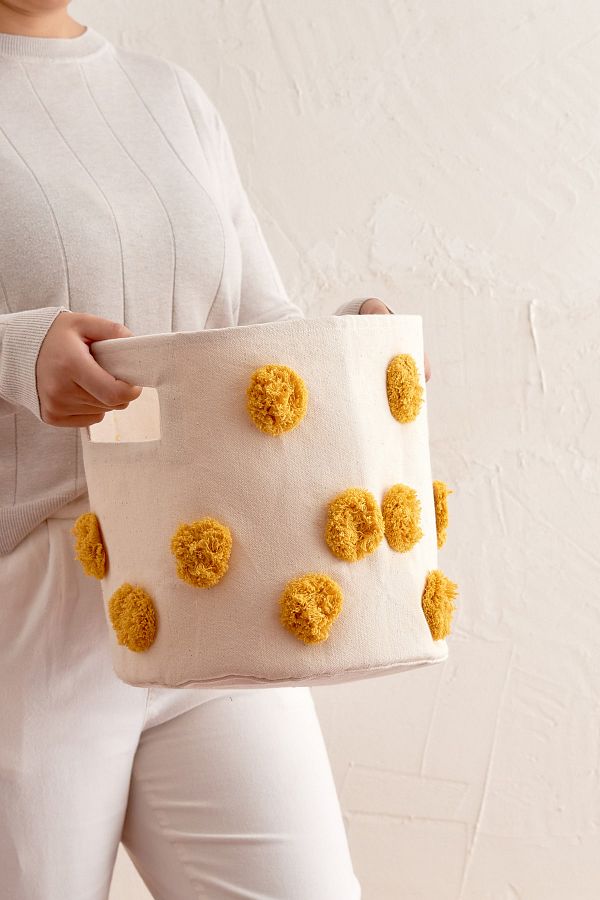 Cozy & Soft-Children's Room Organizer Yellow Pompom Cotton Basket Medium 28x28 Cm 1
