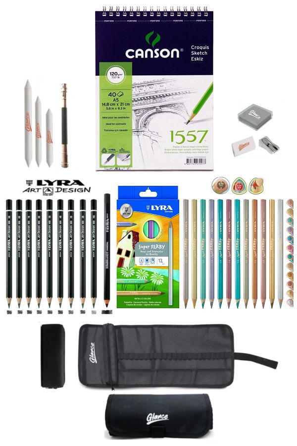 GLANCE-Canson A5 Sketchbook 120 Gr Charcoal and Lyra 12 Pieces Super Ferby Metallic Package Drawing Sketch Set 1