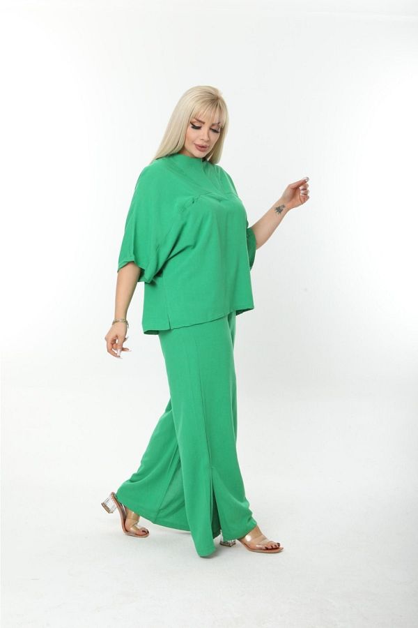 ESCBUTİK-Plus Size Side Slit Comfortable Double Set with Pants Stylish Top and Bottom Set 1
