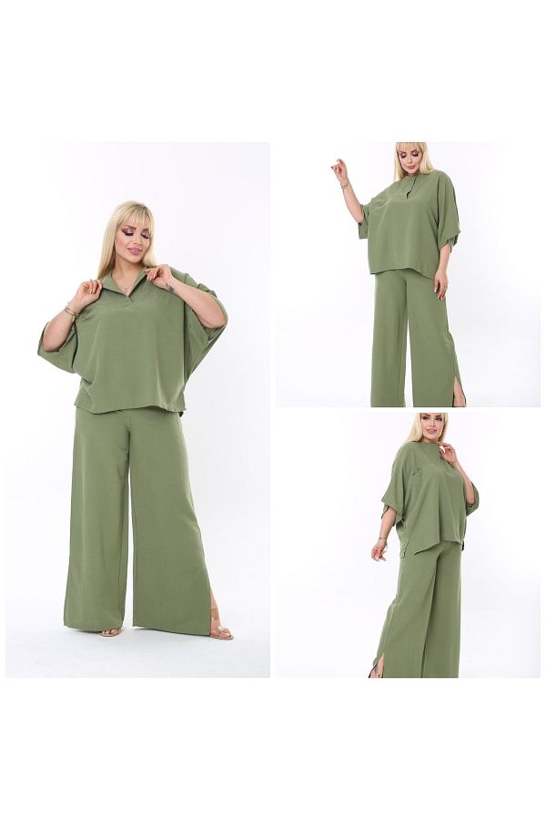 ESCBUTİK-Plus Size Side Slit Comfortable Double Set with Pants Stylish Top and Bottom Set 1