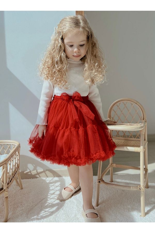 Little Ya Ya Love-Girls' Lined Bow Detail Fluffy Carnival Tutu Skirt (RED) 1