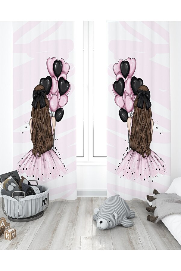 Evpanya Pembe Elbiseli Kız Desenli Çocuk Odası Perdesi ( Tek Kanat Fiyatlandırma )