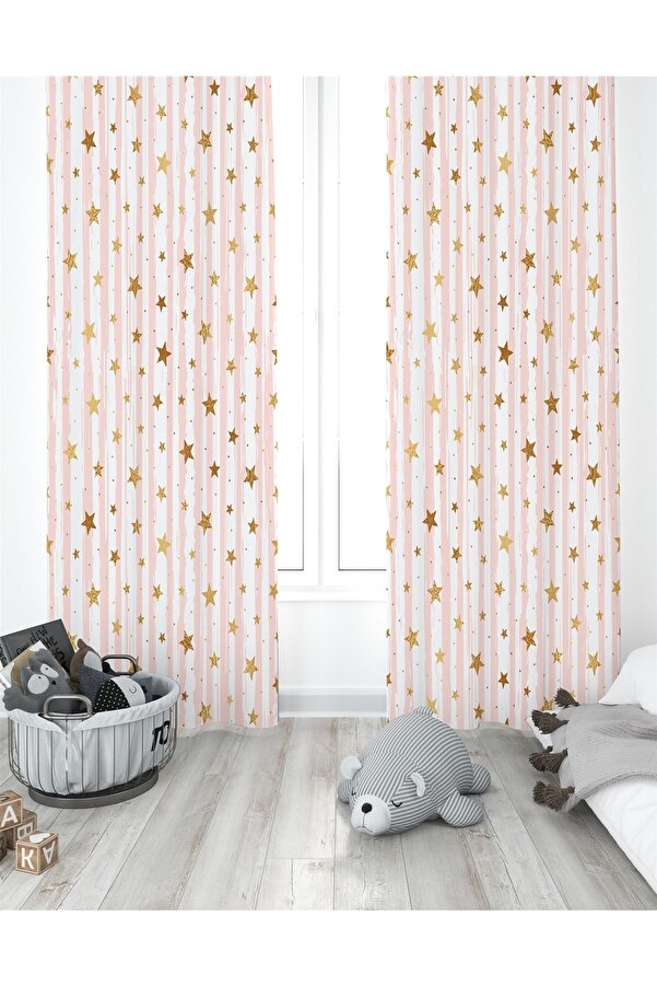 Evpanya Altın Yıldızlar Desenli Çocuk Odası Fon Perde ( Tek Kanat