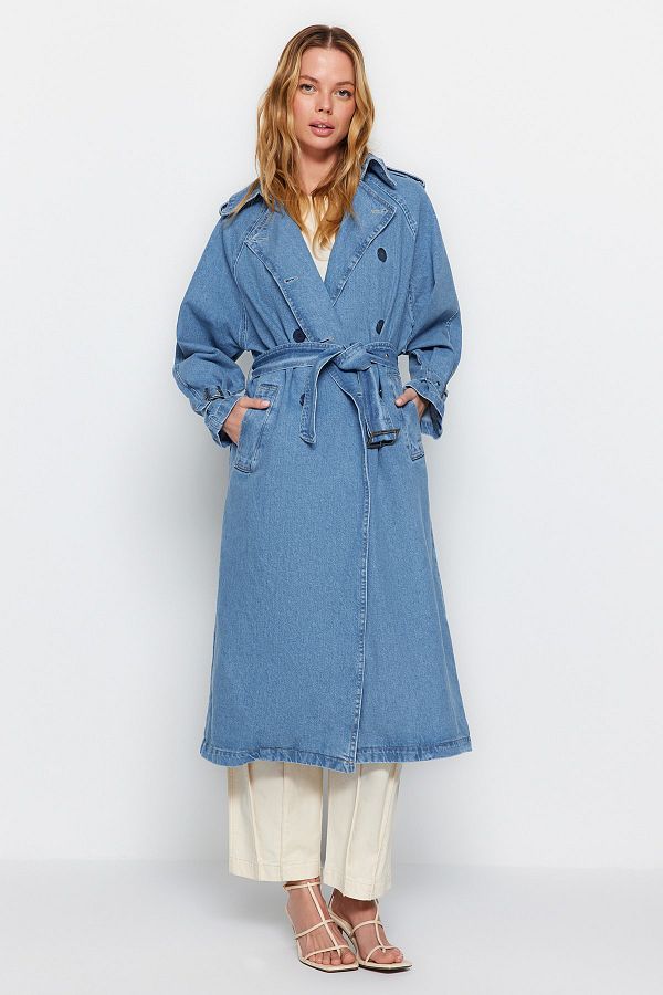 Trendyol Collection Blue Belted Denim Trench Coat TWOSS23TR00028 Trendyol