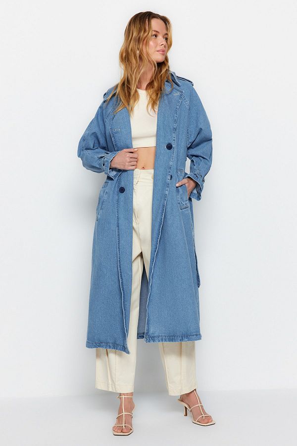 Trendyol Collection Blue Belted Denim Trench Coat TWOSS23TR00028 Trendyol