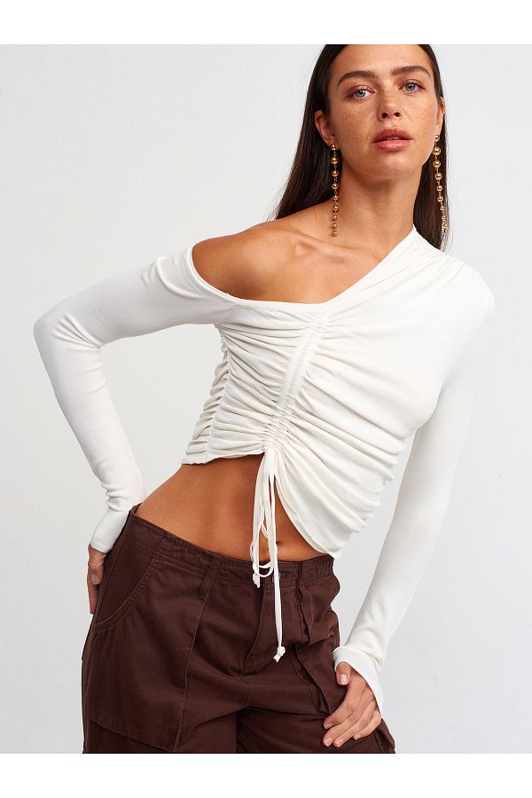 Dilvin-10369 Right Shoulder Open Drawstring Pullover-ecru 1