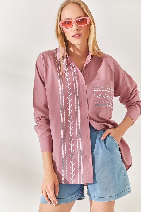 Olalook Dried Rose Pocket Detailed Printed Woven Shirt GML-19000985