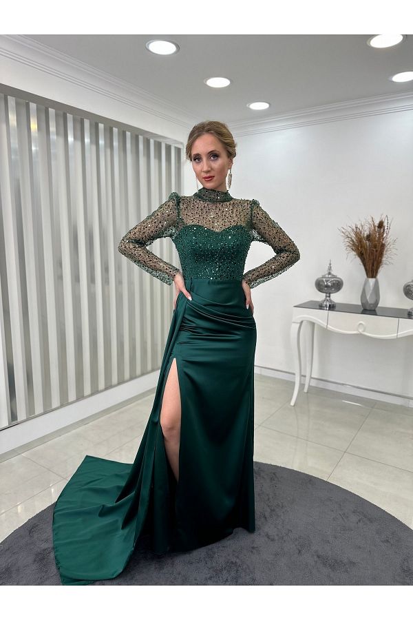 Rana Zenn-Bead Detailed Night Satin Evening Dress with Transparent Skirt Train and Slit Emerald 1