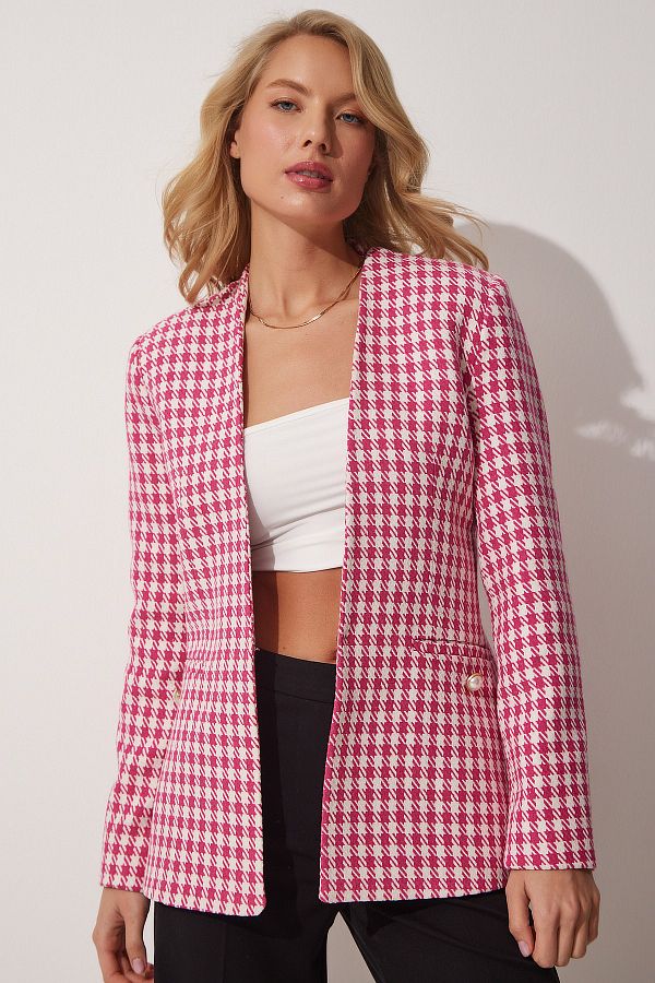 Happiness stanbul Women s Pink Textured Houndstooth Patterned Blazer Jacket WF00025 Trendyol