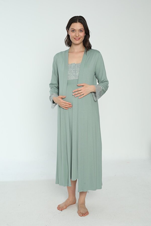 Miss Dünya Lissa Yeşil Hamile Ve Lohusa Sabahlık Gecelik Takımı