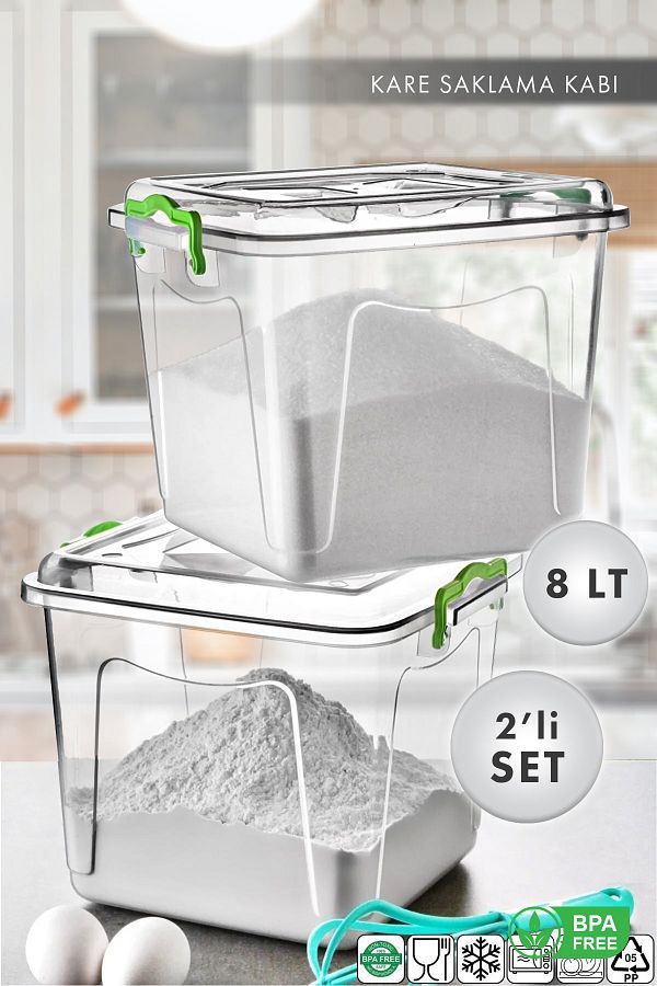 AES HOME-Elite Line 8 Lt. Jumbo Size Square Flour- Sugar- Pulses and Detergent Container 2 Pieces Transparent 1