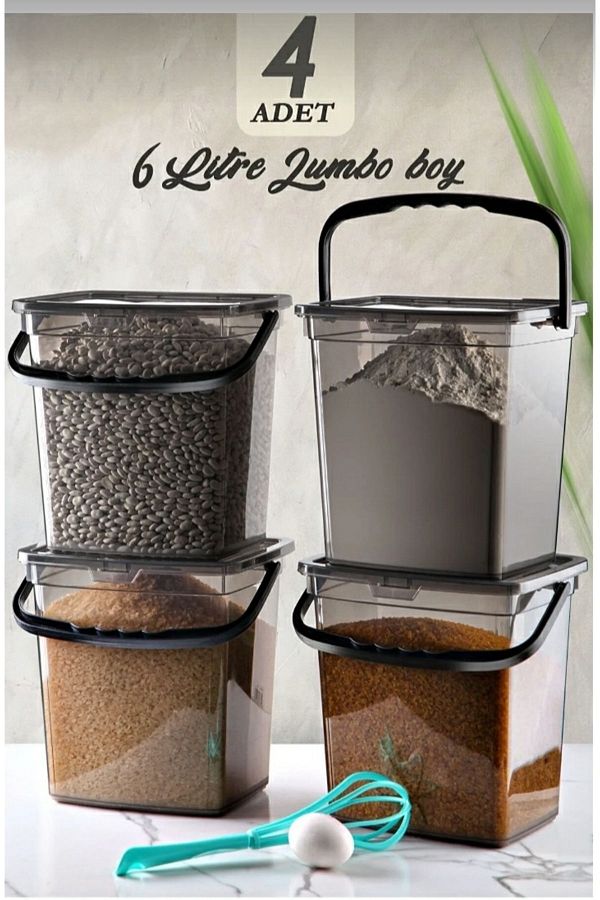 AHİR TİCARET-Mega Size 4-Piece Square Flour Pulses Container 6 Liters - 4 Pieces Flour Storage Container 1