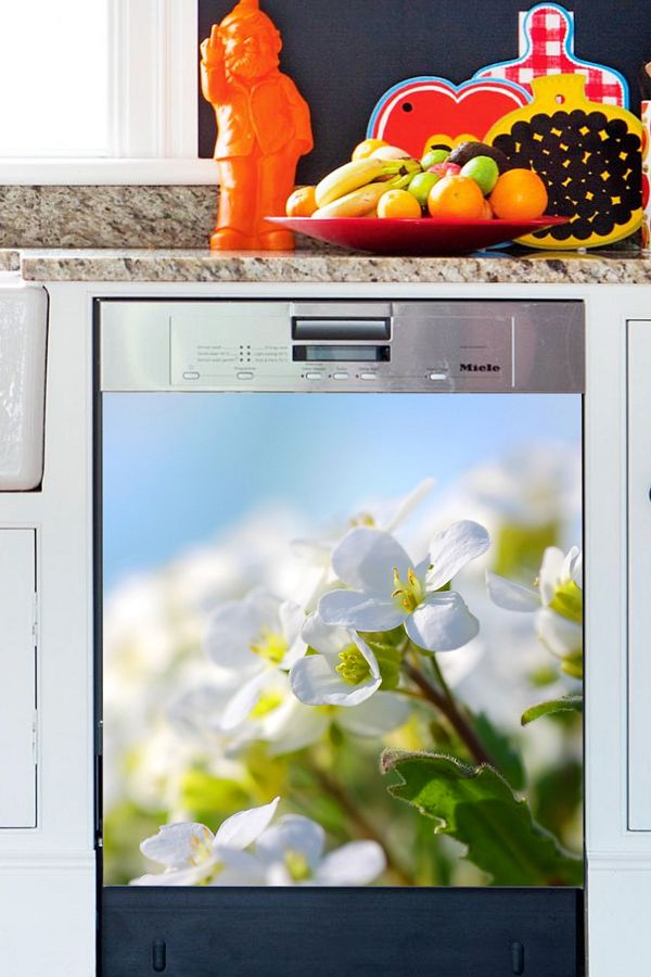 Tilki Dünyası-White Flowers Dishwasher Door Sticker BLSK000054 1