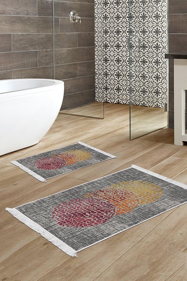 Dekoreko-Set covoraș de baie cu bază anti-alunecare Djt 2 piese bumbac stea cu franjuri Modern E4052 crem portocaliu roșu 1