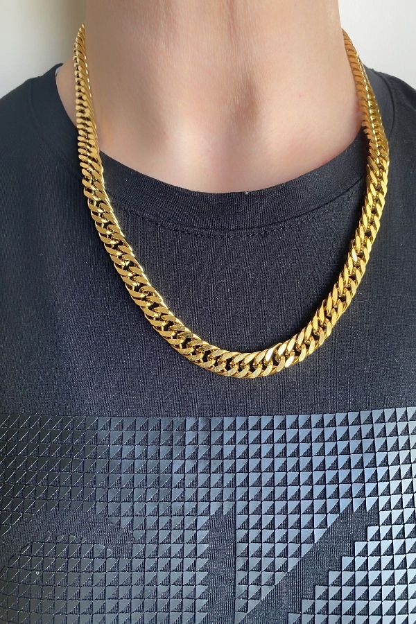 axexuar Gold Yellow Stainless 316l Steel Women Men Thick Flat Knitted Model Chain Necklace 10 Mm 58 Cm Trendyol