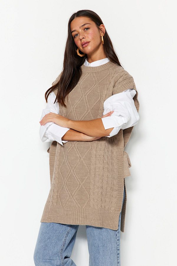 Trendyol Modest-Sweter z dzianiny z plecionym kamieniem i wiązaniem w talii TCTAW22UV0018 1
