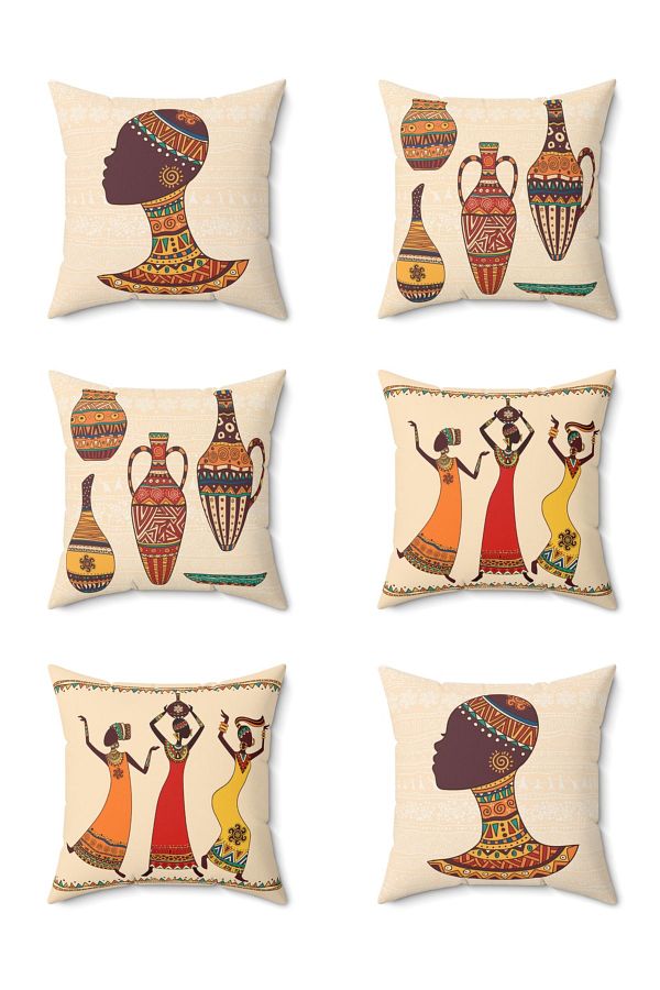 FUS BLUE-Decorative Set of 6 Throw Pillows and Pillowcases with African Figures 1