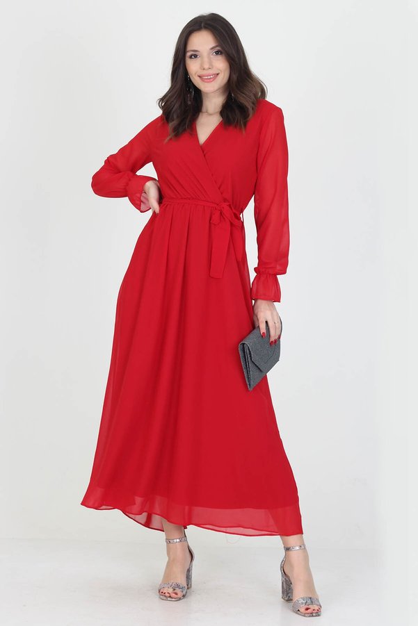 XXL BUTİK Women's Double Breasted Collar Tie Detailed New Season Long Chiffon Dress Btq028