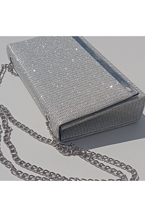 Silver evening bag with shoulder strap on sale