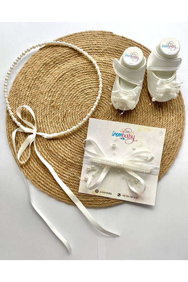 irembaby Anne Bebek Lohusa Seti Beyaz Incili Özel Tasarım Lohusa Tacı Bebek Ayakkabısı Bebek Saç Bandı