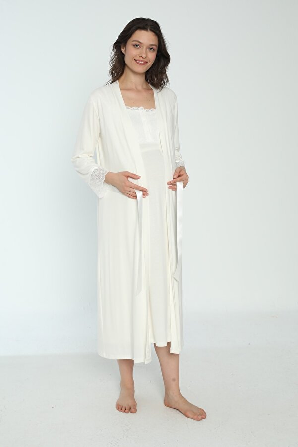 Miss Dünya Lissa Beyaz Hamile Ve Lohusa Sabahlık Gecelik Takımı