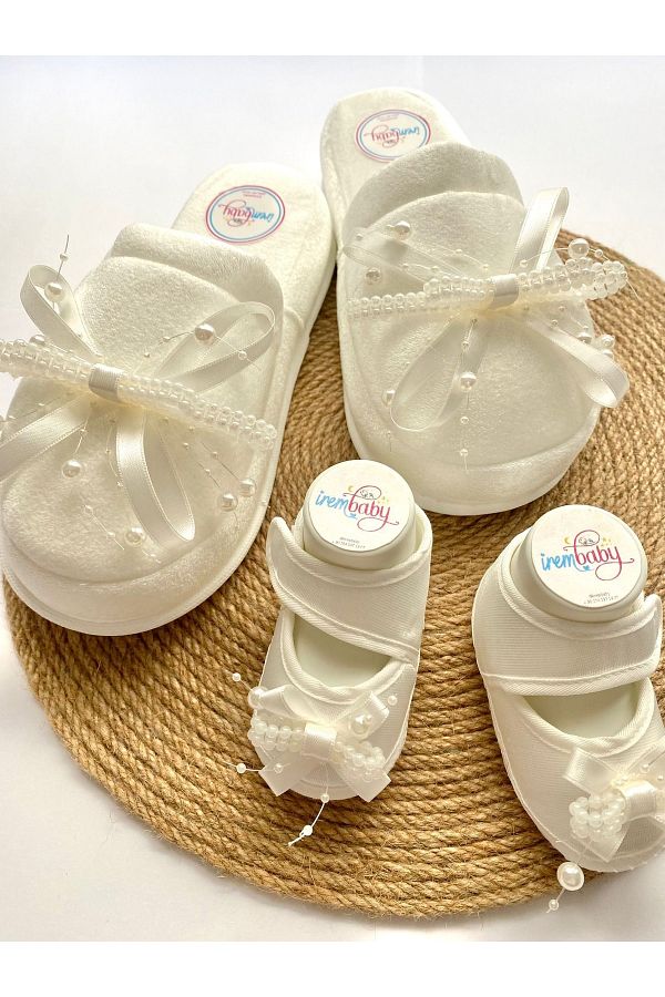 irembaby Mother Baby Maternity Set White Pearl Special Design Maternity Slippers Baby Shoes Trendyol