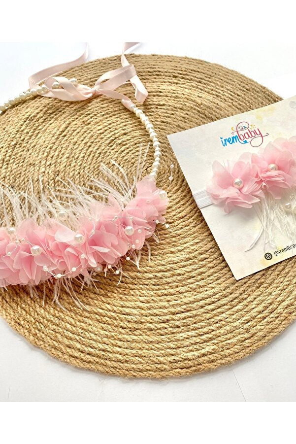 irembaby Anne Bebek Lohusa Seti Beyaz Çiçekli Incili Lohusa Tacı Saç Bandı Takımı