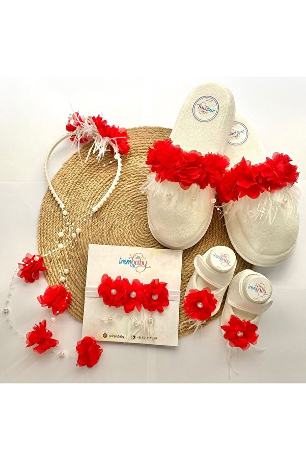 irembaby Anne Bebek Lohusa Seti Kırmızı Çiçekli Incili Lohusa Tacı Terliği Bebek Ayakkabı Saç Bandı Takımı