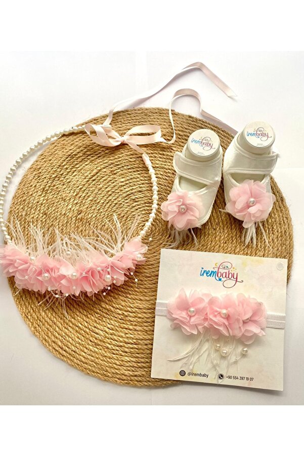 irembaby Anne Bebek Lohusa Seti Pembe Çiçekli Incili Lohusa Tacı Bebek Ayakkabı Saç Bandı Takımı
