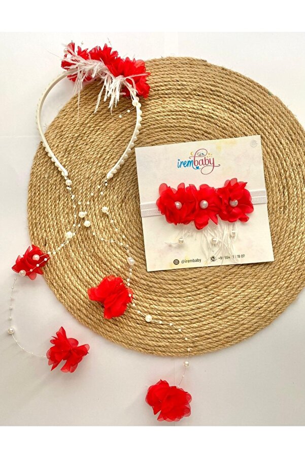 irembaby Anne Bebek Lohusa Seti Kırmızı Çiçekli Incili Lohusa Tacı Bebek Saç Bandı Takımı