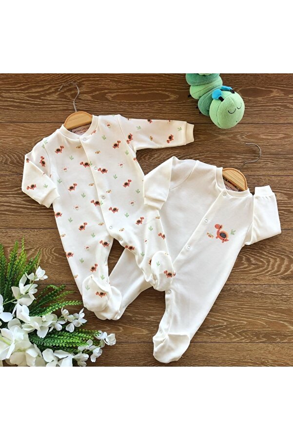 Renkli Puset Organik Pamuklu Örme 2'li Patikli Bebek Uyku Tulumu Takımı Kırmızı Dino