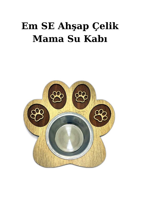 EMSE-Single Wooden Steel Cat Dog Food Water Bowl 1
