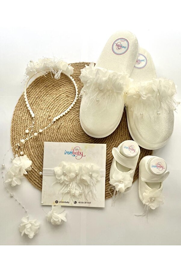 irembaby Anne Bebek Lohusa Seti Beyaz Çiçekli Incili Lohusa Tacı Terliği Bebek Ayakkabı Saç Bandı Takımı