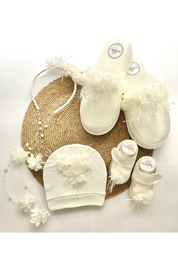 irembaby Anne Bebek Lohusa Seti Beyaz Çiçekli Incili Lohusa Tacı Terliği Bebek Ayakkabısı Ve Şapkası Takımı