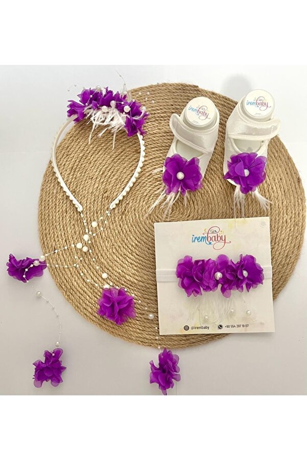 irembaby Anne Bebek Lohusa Seti Mor Çiçekli Incili Lohusa Tacı Bebek Ayakkabı Saç Bandı Takımı
