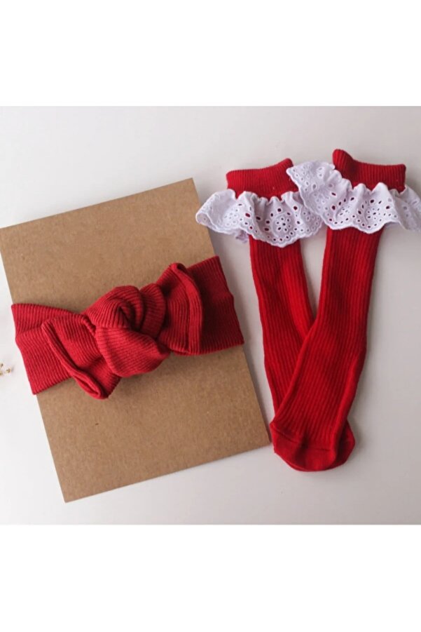 ESES BEBE Kız Çocuk/bebek Kırmızı Ribana Bandana Ve Dantelli Dizaltı Çorap Set