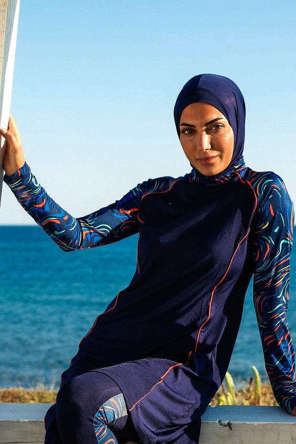 3 piece bathing suit with headscarf top
