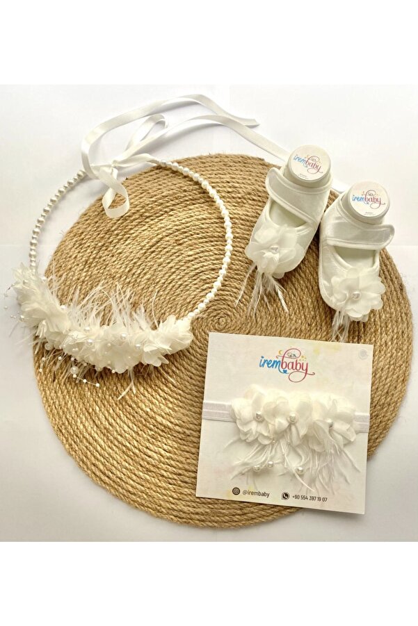 irembaby Anne Bebek Lohusa Seti Beyaz Çiçekli Incili Lohusa Tacı Bebek Ayakkabı Bebek Saç Bandı Takımı