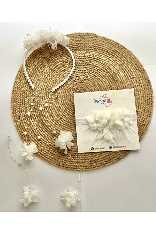 irembaby Anne Bebek Lohusa Seti Beyaz Çiçekli Incili Lohusa Tacı Bebek Saç Bandı Lohusa Takımı