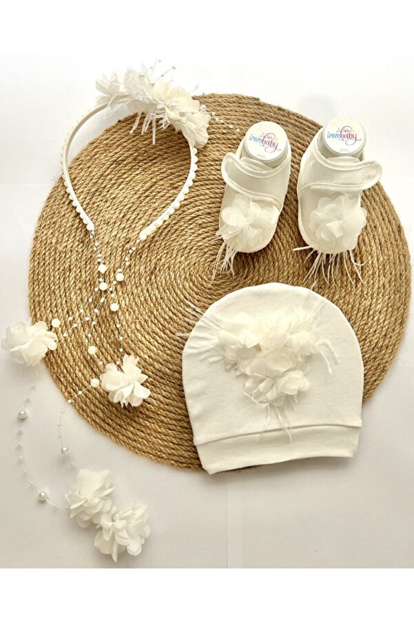 irembaby Anne Bebek Lohusa Seti Beyaz Çiçekli Incili Lohusa Tacı Bebek Ayakkabısı Ve Şapkası Lohusa Takımı