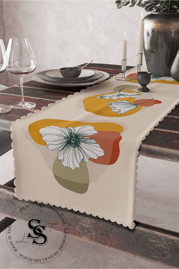SasoHome-Cream Background White Flowers Patterned Quality Velvet Fabric 45x140 Cm Decorative - Gift Runner 1