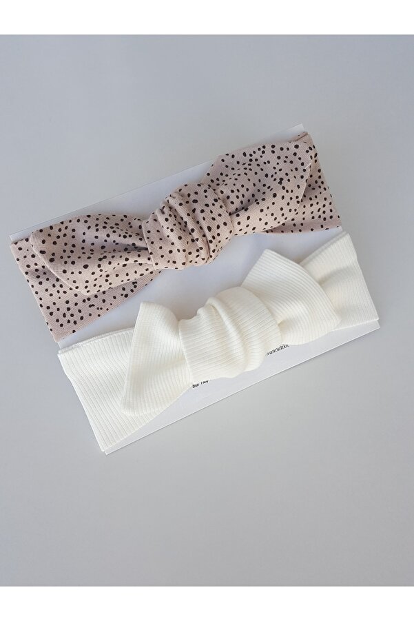 swan butik Kız Bebek Çocuk Bandana Toka Seti 2li Benekli Bej Krem Ribana
