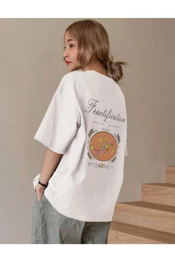 AFROGİYİM-White Oversize T-Shirt - Women, Fructification Printed 1