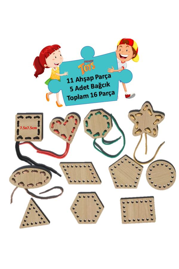 Trendy Toys Eğitici Ahşap Şekiller Ip Geçirme Montessori El Kası Geliştirme