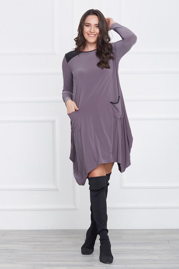 Laranor-Rochie de damă din piele gri cu croială asimetrică 17LB9023 1