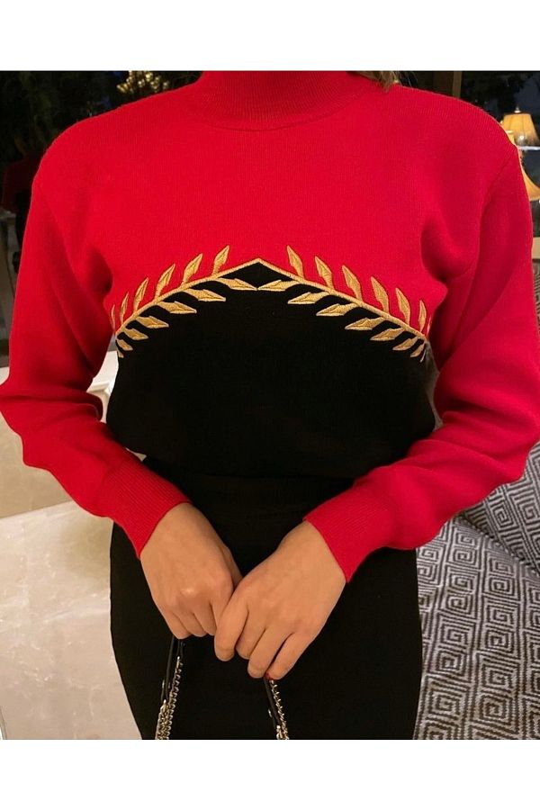 Venus By Yaren Women s Gold Embroidered Red Sweater Trendyol