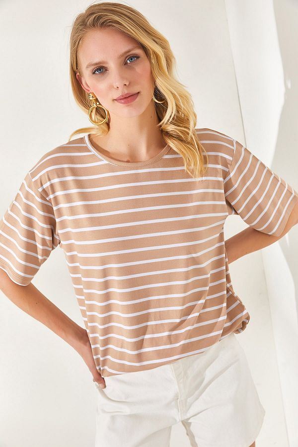 Olalook-Women's Camel Striped Casual T-Shirt TSH-19000283 1