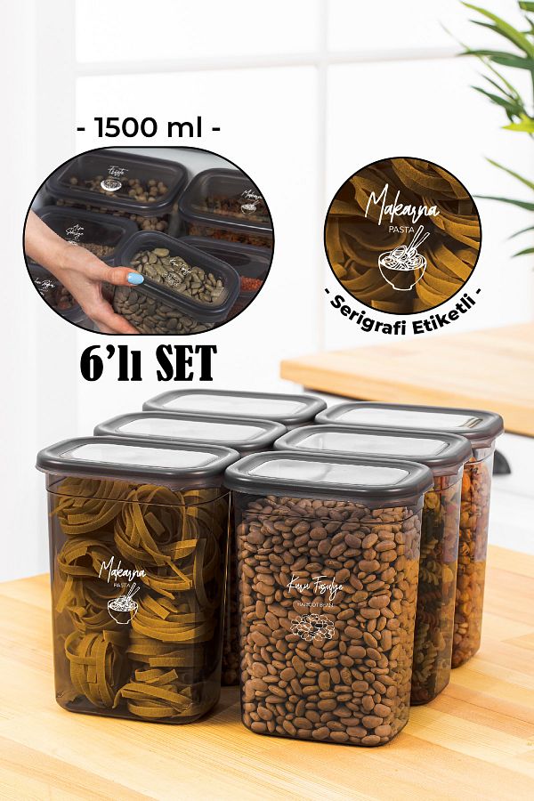 Vienev-Set of 6 Peggy Rectangular Storage Containers with White Screen Printing Label 1500 Ml Anthracite 1